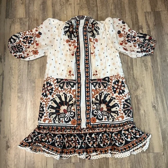 Farm Rio Flower Fan Off White Tapestry Dress Puff Sleeve Button Down Size Small - Picture 12 of 14